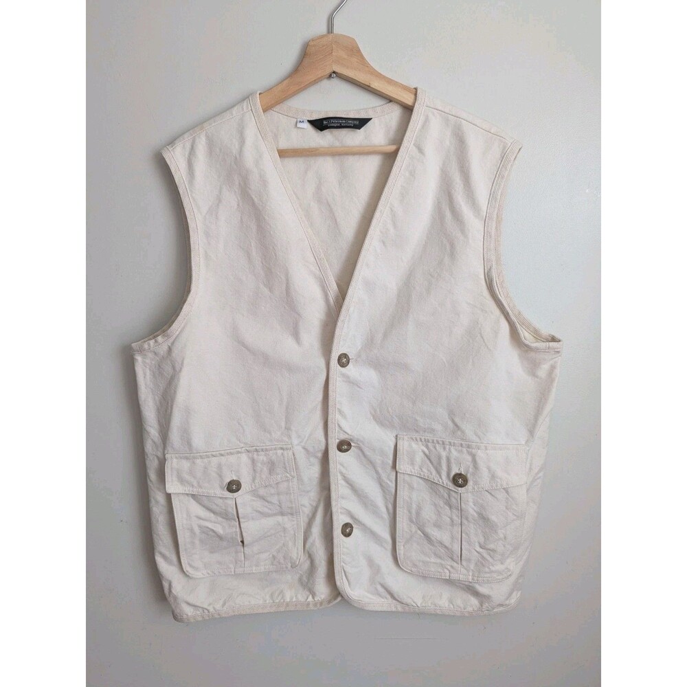 J. Peterman Mens Cotton Canvas Vest Hunting Travel Fishing Safari Ivory M Flaws